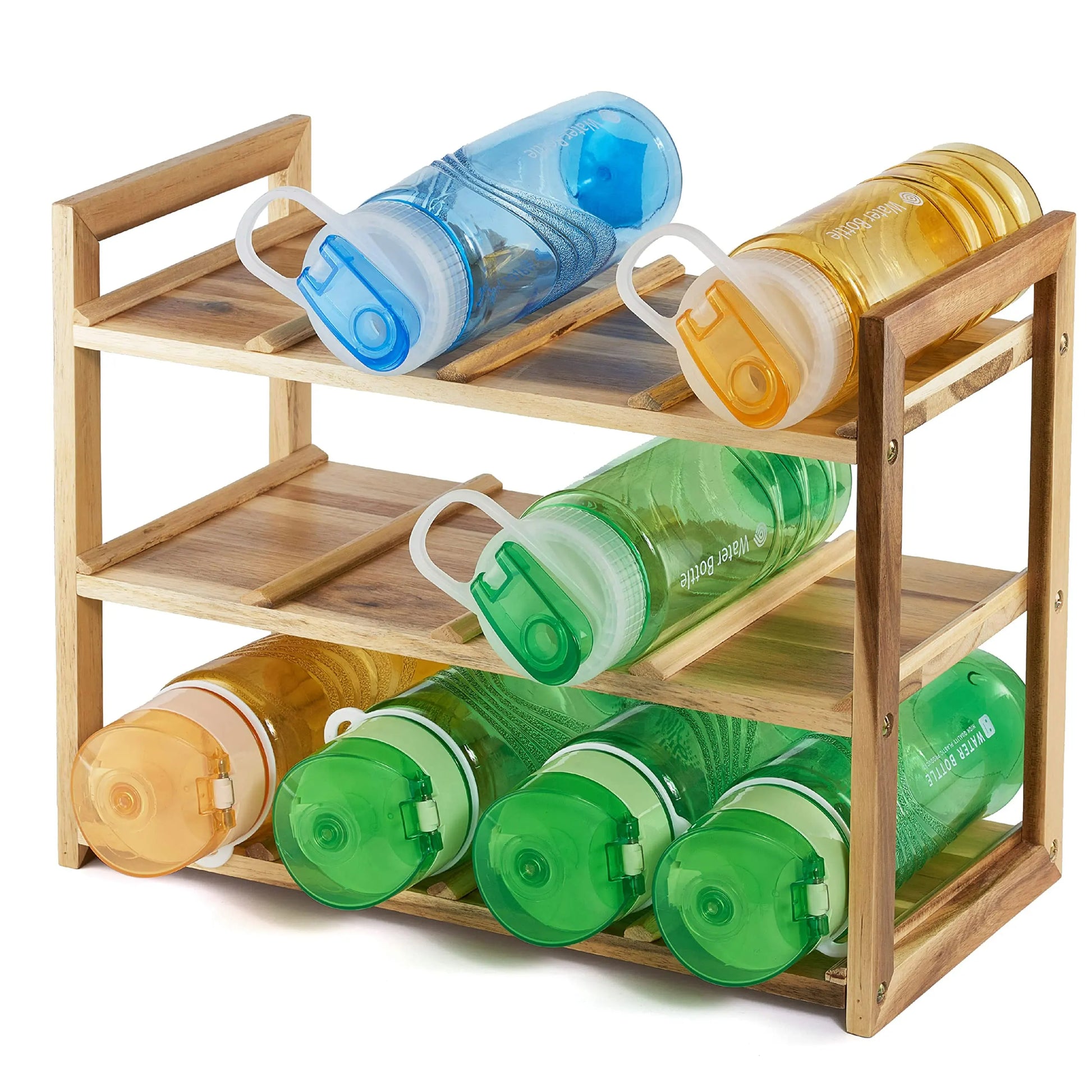 Water Bottle Organizer Natural Wood Water Bottle Storage Rack for Kitchen Countertops 3 Tiered Freestanding Water Bottle Hold