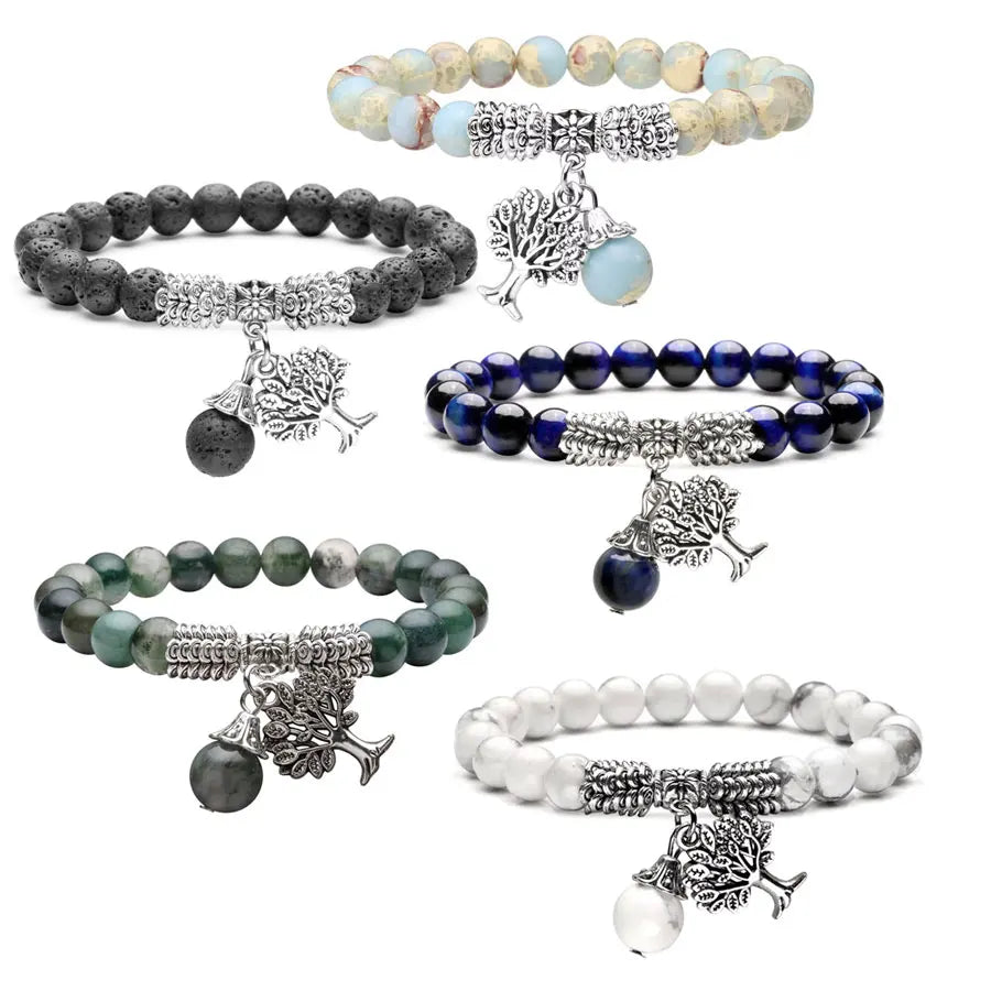 Men Healing Crystal Natural Stone Bracelet & Dangle Tree of Life Charms Gem Stone Bracelet Women Reiki Spiritual Jewelry