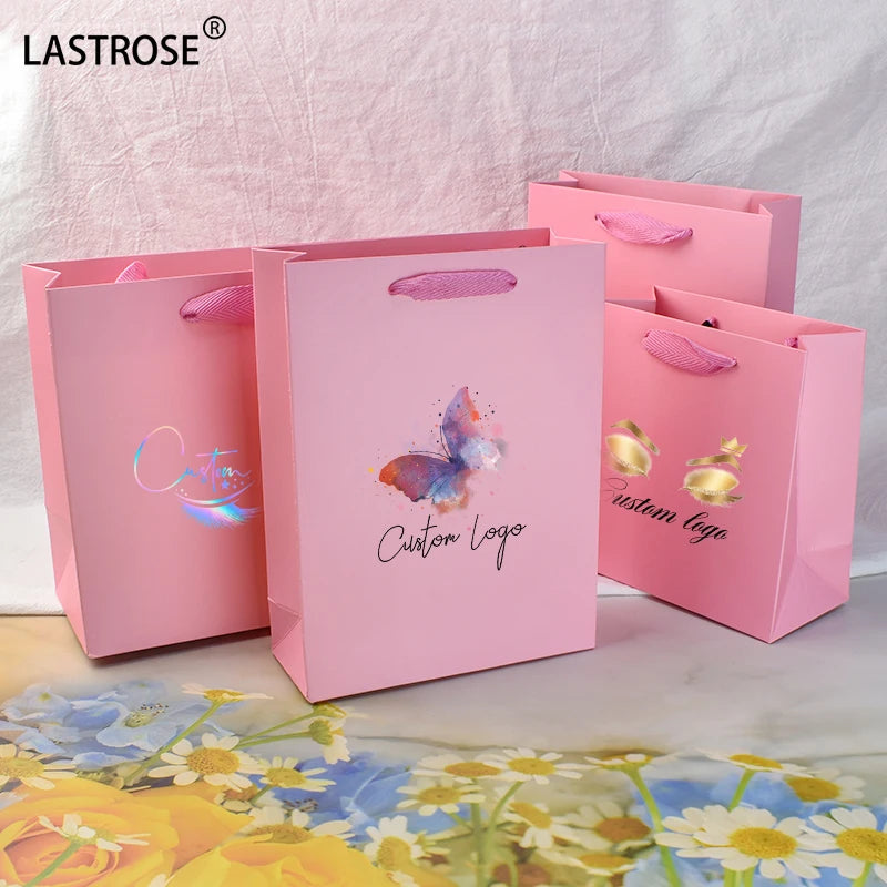 Gift pink Paper Bag with Ribbon Bow pink Black Shopping Bags with Holographic logo