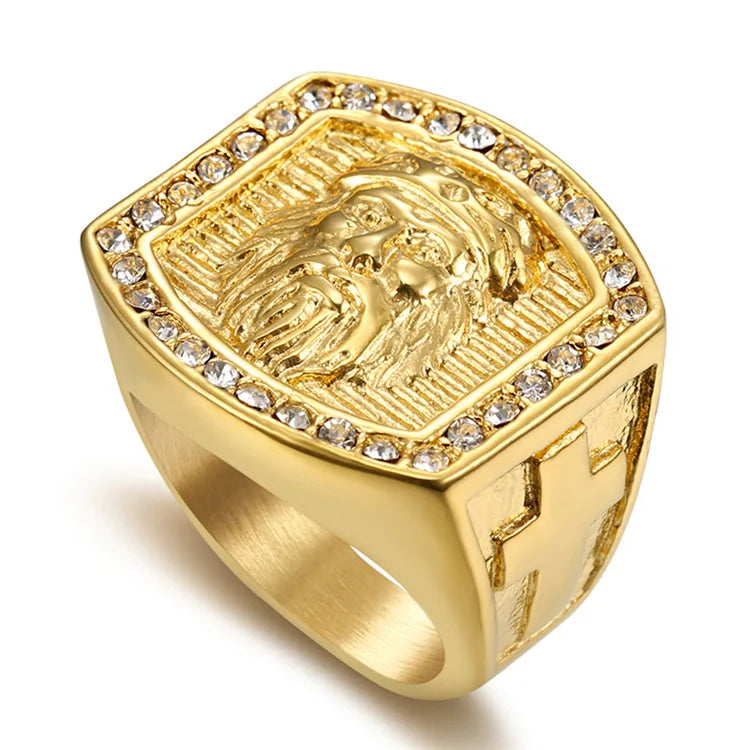 YK High Quality Jesus avatar with Diamond Inlaid Gold Plated Stainless Steel Ring  Men's Retro Stainless Steel Ring Wholesale