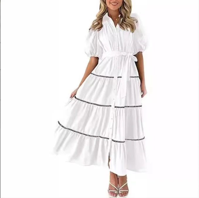 Women's Bubble Sleeve Lace Layered Pleats Casual Elegant Short Sleeved Shirt Dress