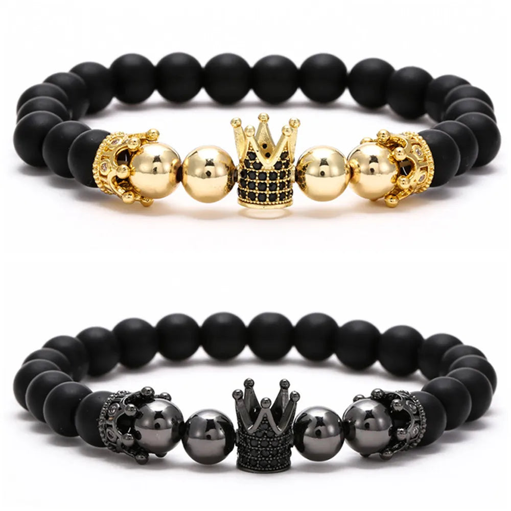 Personality Fashion Natural Stone Bracelet Black Matte Copper Beaded Crown Bracelets for Men