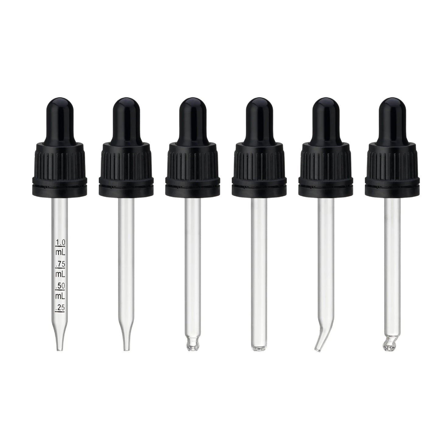 Plastic Dropper Cap 18 mm Tamper Evident Matte Black Silicone Rubber Dropper with Glass Pipette for Essential Oil Bottles