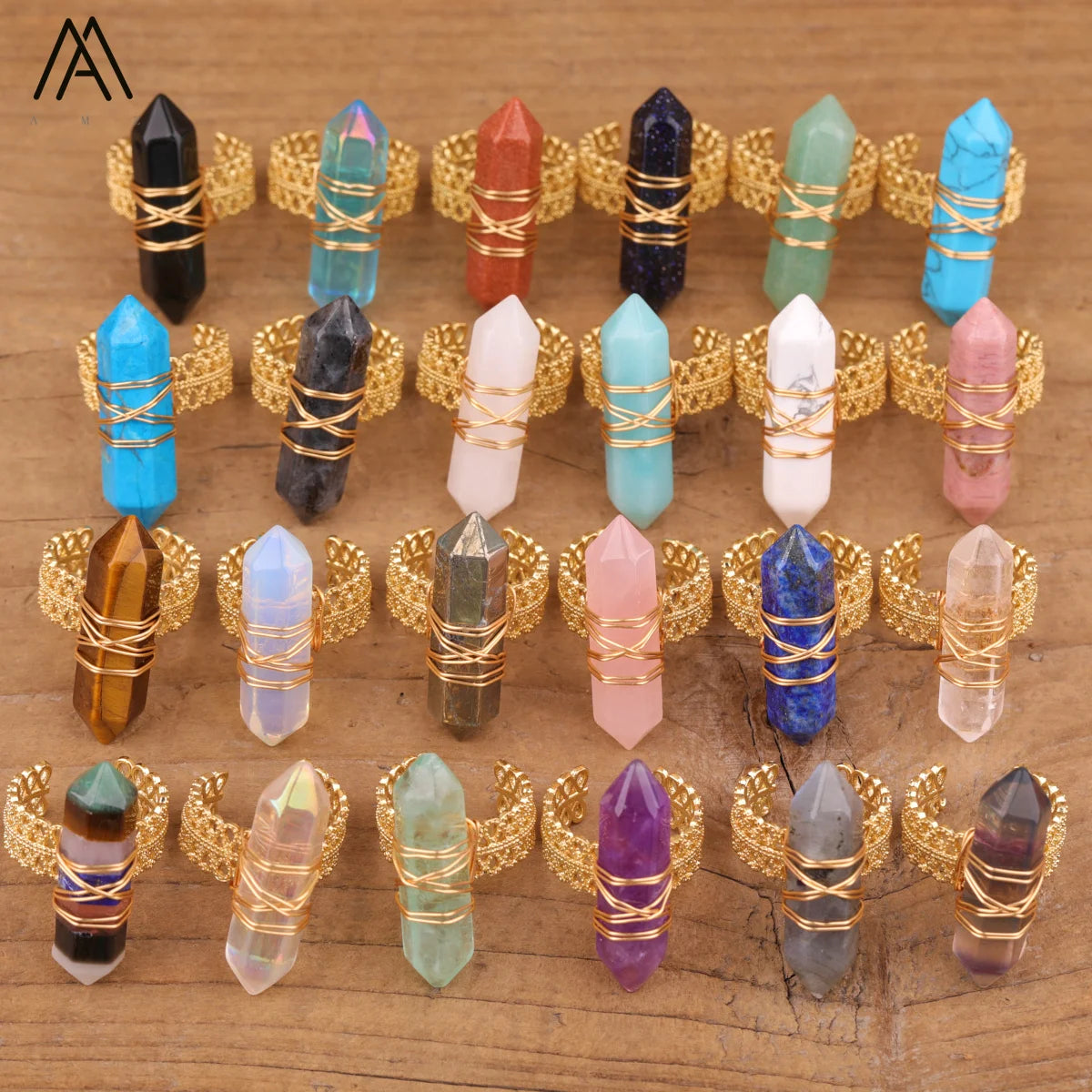 Gemstone Double Bead Rings  Wire Wrapped Open Finger Bands Gold Color  Healing Crystal Fashion Jewelry