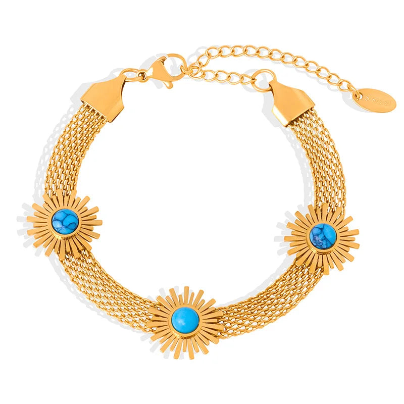 Turquoise Bracelet Sunflower Chain Bracelet 18K Gold Plated Woven Chain Natural Stone Non Fading Women Daily Wear Jewelry