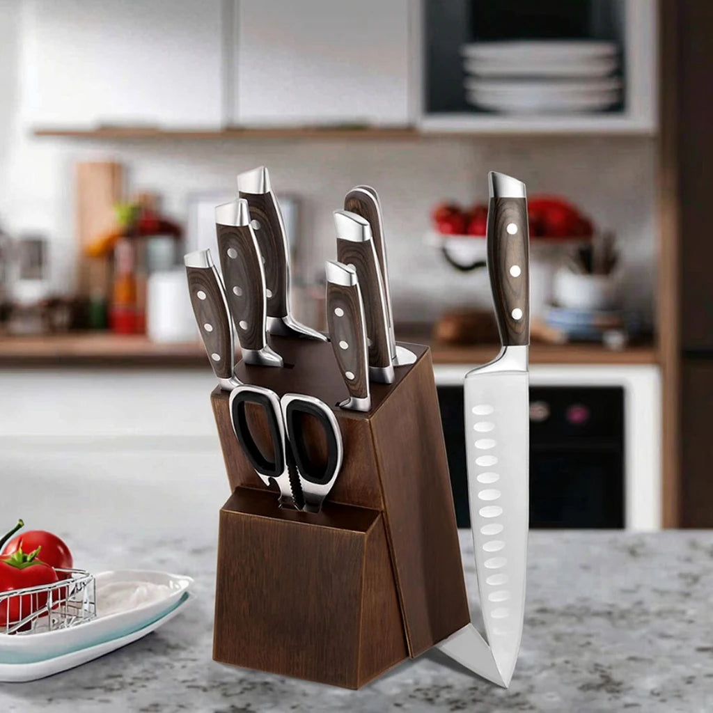 Professional German Stainless Steel Chef Cooking Knife Set Wooden Block with Professional Couteau De Cuisine Blocks & Roll Ba