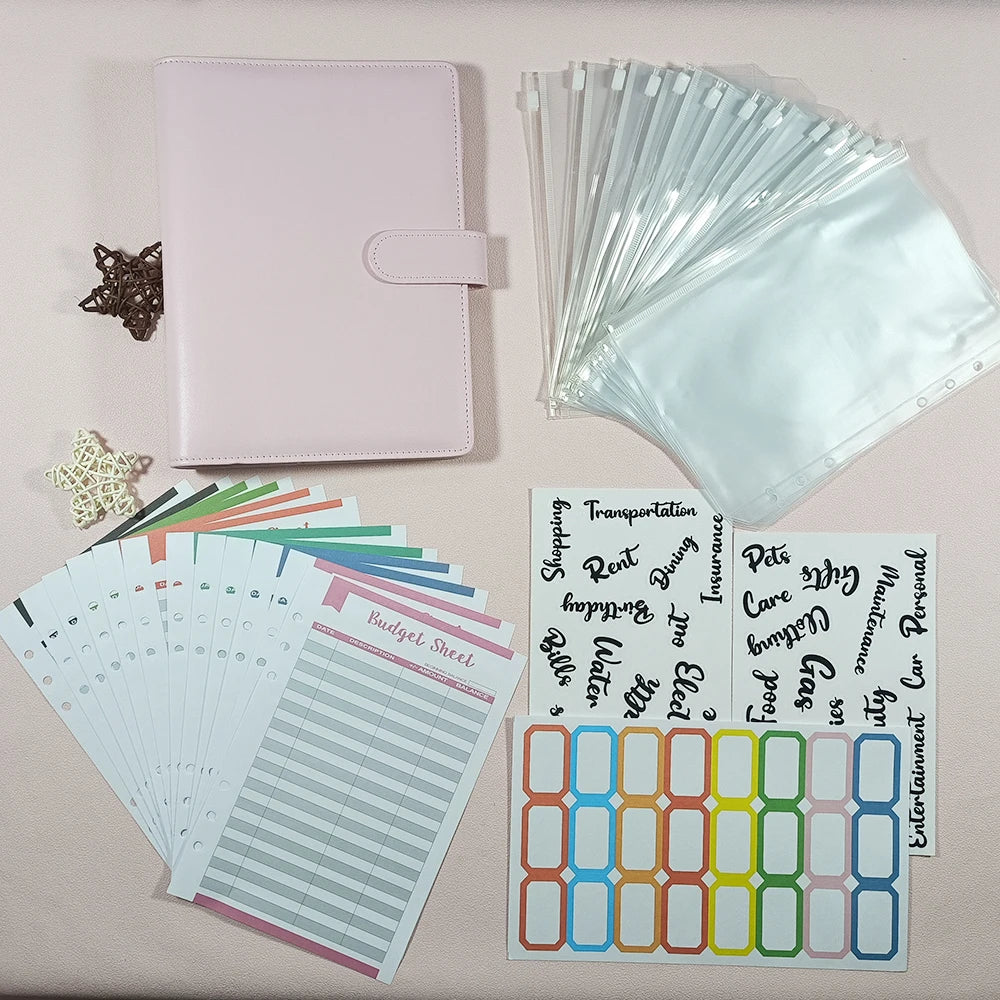 A5 PU Leather Budget Binder with Zipper Envelopes Stickers Monthly Planner Cash Envelopes for Budgeting Cash Savings Binder
