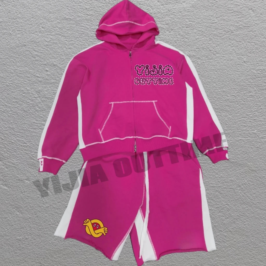 Custom Full Zip up Hoodie and Short Sets Two Piece Acid Stone Washed Sweatsuit Dtg PrintingTracksuits for Men