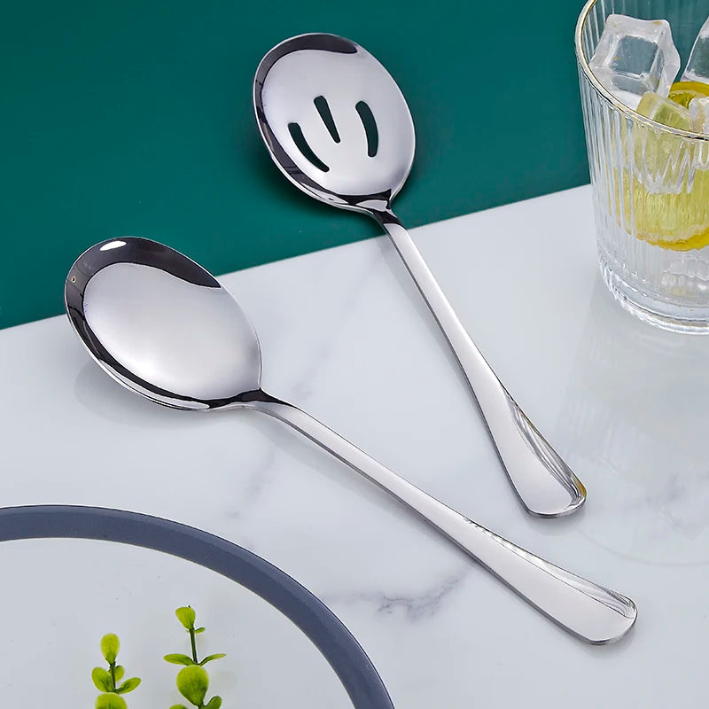 8.5 Inches Mirror Polish Stainless Steel Classic Style Salad Server Sets Salad Spoon Slotted Spoon for Party Home Use 10 Pcs