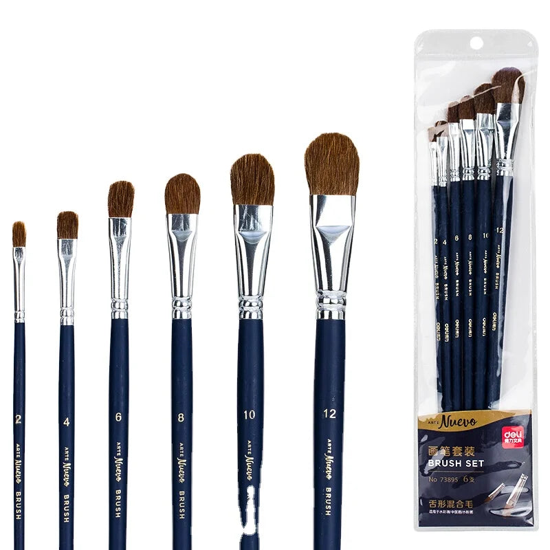 Deli 73895 Brush 6 Pieces Set Children's Painting Brush Tongue-shaped Mixed Hair Students Brushes 144set Per Carton
