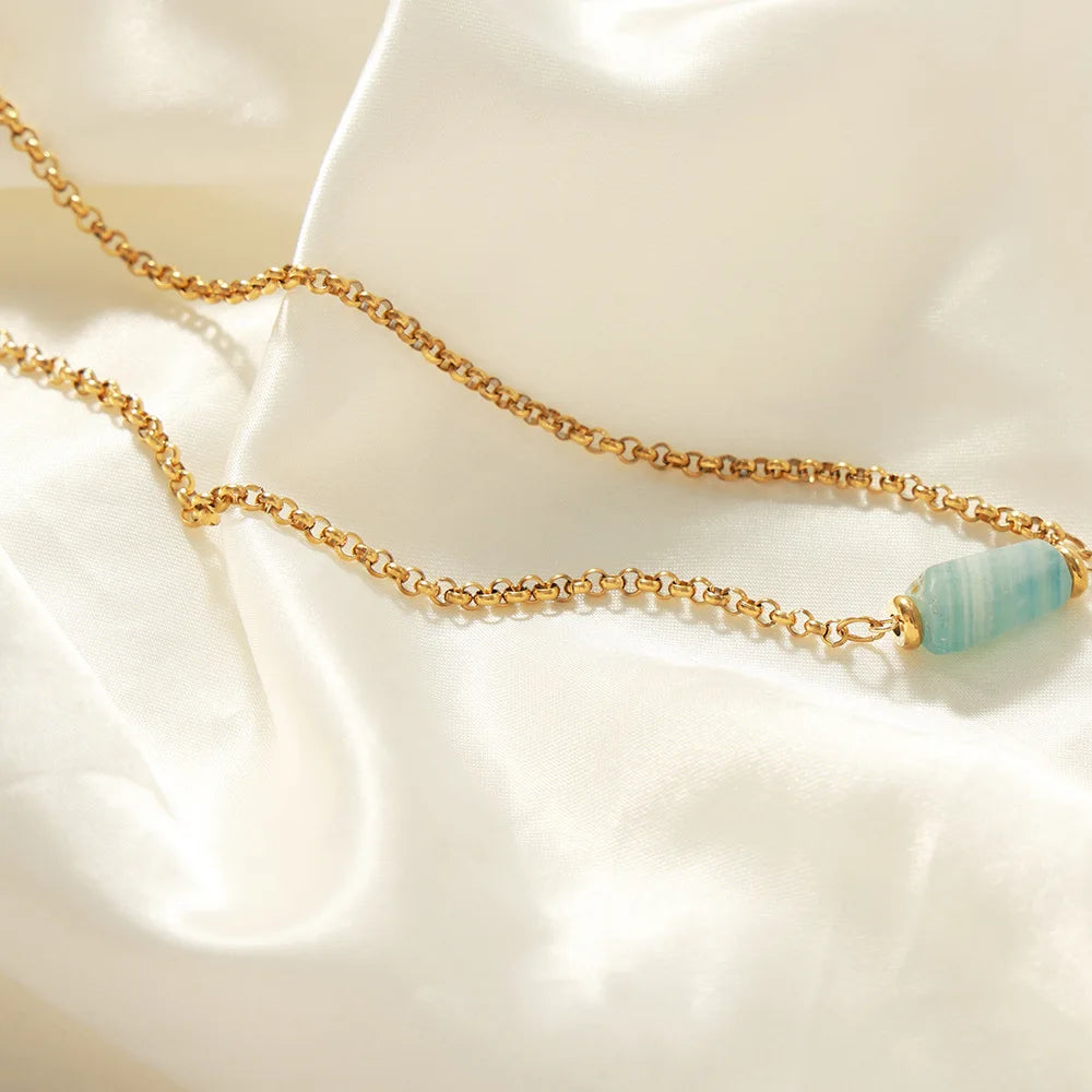 Chic 18k Gold Plated Stainless Steel Chokers Necklaces Geometric Natural Stone Pendant Necklace for Women Waterproof Jewelry