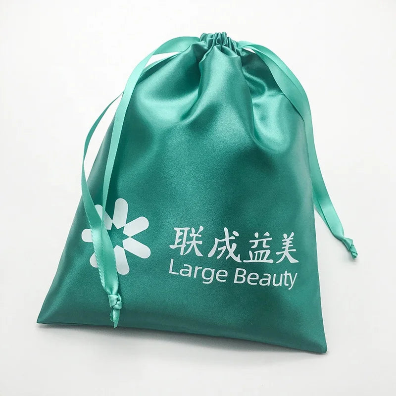 Custom Logo Printed Green Satin Fashion Dress Hair Storage Cosmetic Packaging Drawstring Bag Shoe Cloth Bag Dust Pouch