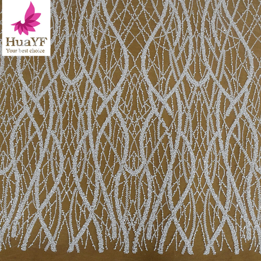 HY2671 New French Pearl Stripe Beads Sequin Lace Wedding Dress Fabric Evening Dress Fabric