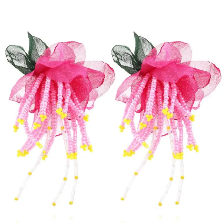 2023 Valentines Days Exaggerated Chiffon Flower Tassel Earrings Personality Bohemian Handmade Beads Chiffon Boho Flower Earri