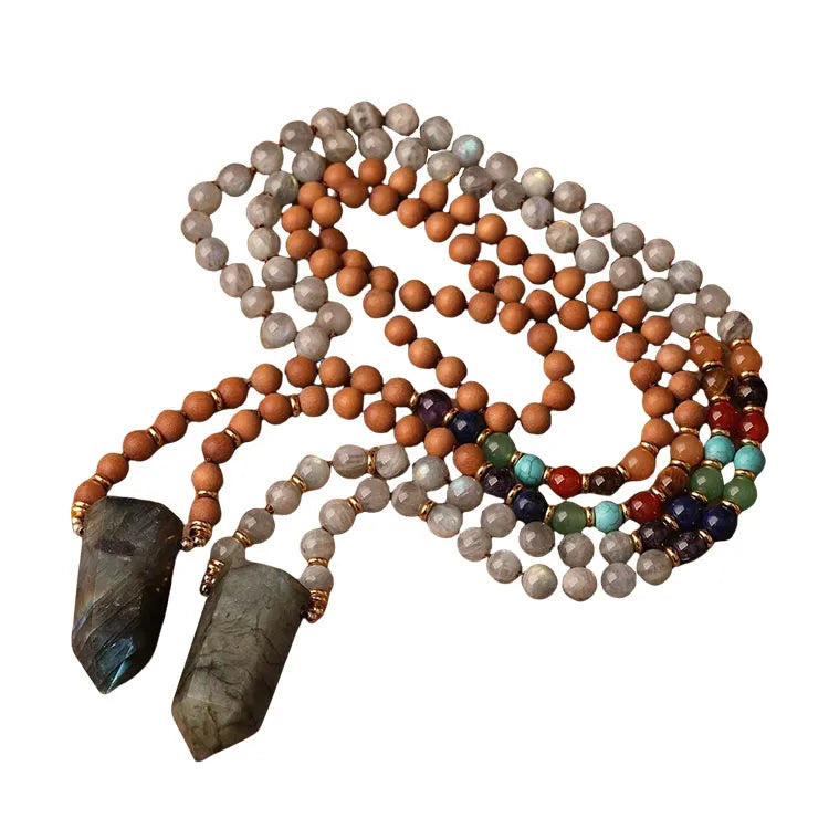 Flash Labradorite Mala Necklace Yoga Gifts  7 Chakra Stone Beads Knotted Necklaces Energy Jewelry