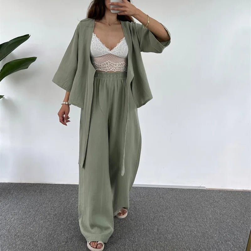 Enyami Plus Size Holiday Resort S-XL Cotton Long Sleeve Lace-up Tops High Waist Pants 2 Piece Casual Co Ord Set Women