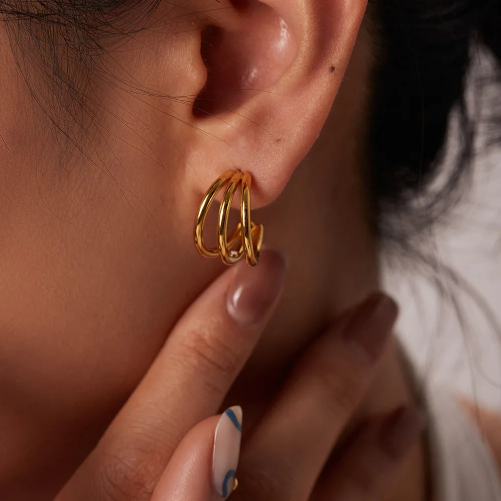 Fashion Jewelry 316l Stainless Steel Pvd Gold Plated Triplet Hoop Earrings For Women