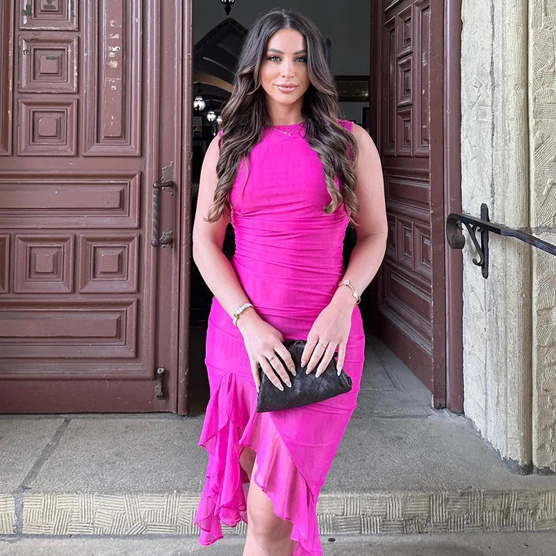 New Women's Round Neck Sleeveless Fashionable Hot Selling Sexy Tight Fitting Backless Pleated Mid Length Skirt