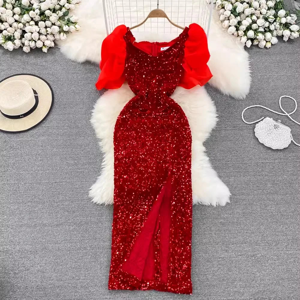 SML Banquet Evening Dress Noble Temperament and Socialite Tassel square Neck Slim Fitting Sequin Dress