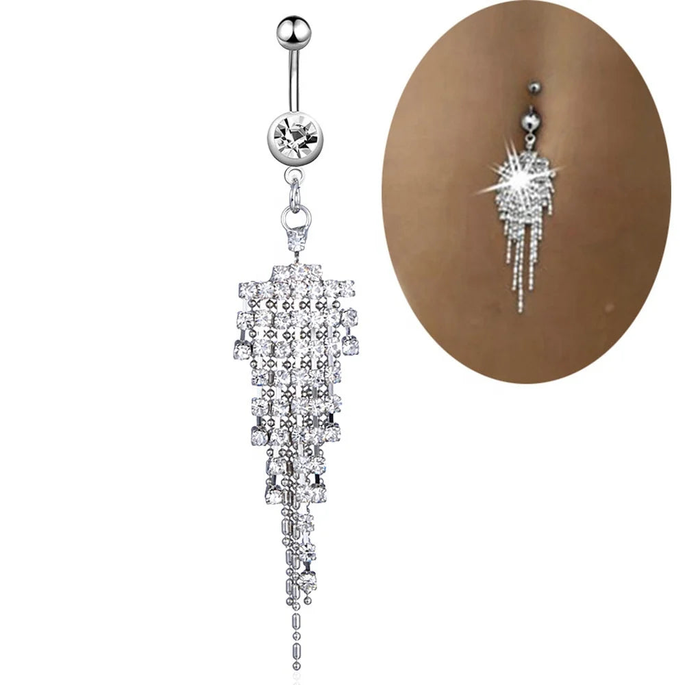 Hot Sales Navel Body Jewelry CZ Stone Tassel Belly Ring Fashionable Stainless Steel Fashion Women Piercing Jewelry Accessorie