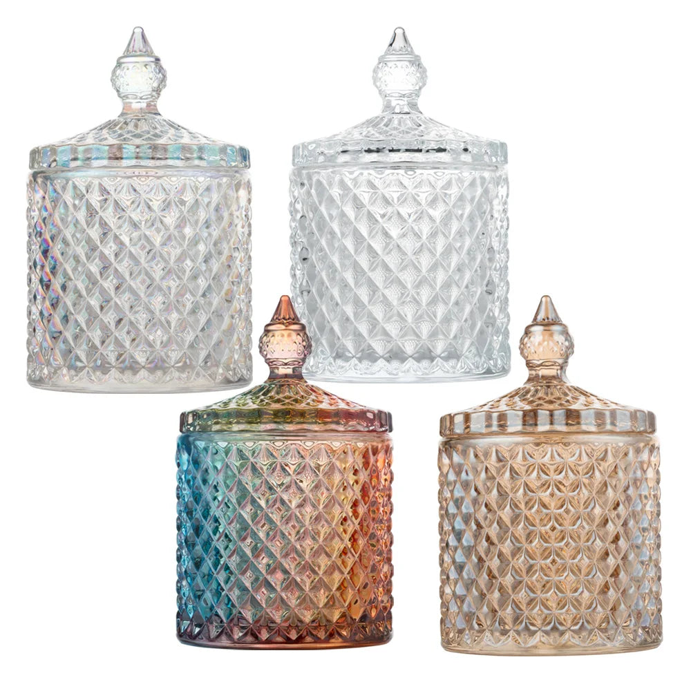 Customized Logo Decoration Luxury Glass Storage Candy Jar Colorful Clear Crystal Glass Candle Jar With Lid for for Candle