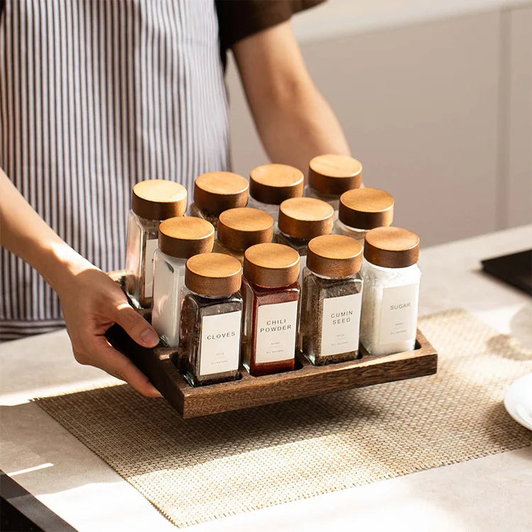 New Hot Sale Eco-Friendly 24pcs 120ml Bamboo Glass Spice Jars Set Acacia Lids Dishwasher Safe Empty Square Spice Seasoning