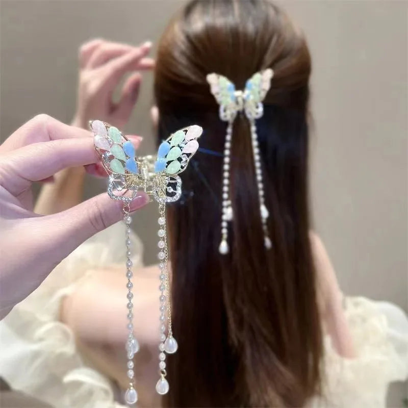 New Hot Sale Butterfly Pearl Tassel Hairpin Tassel Pearl Alloy Butterfly Hair Claw Clip Hair Accessories