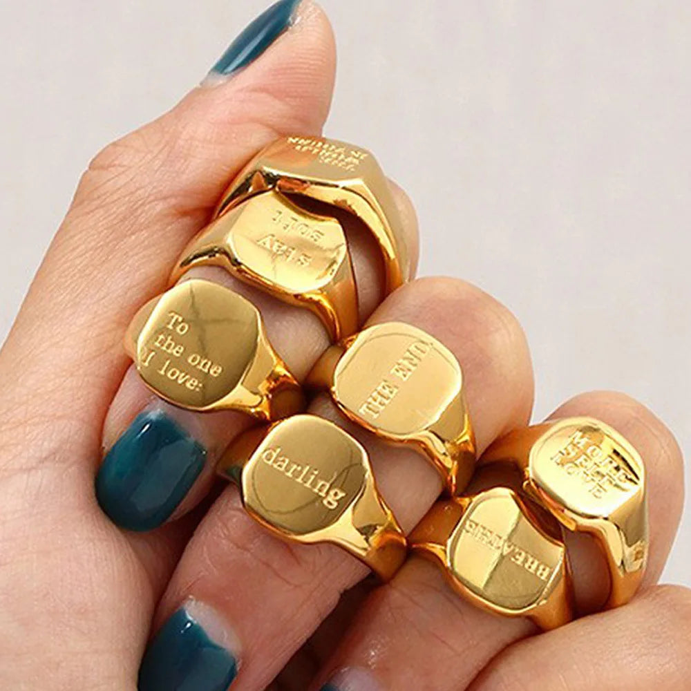 Hot Selling Stainless Steel Vintage Initial Letter Rings 18K Gold Plated Finger Ring Engraved Darling Square Signet Rings