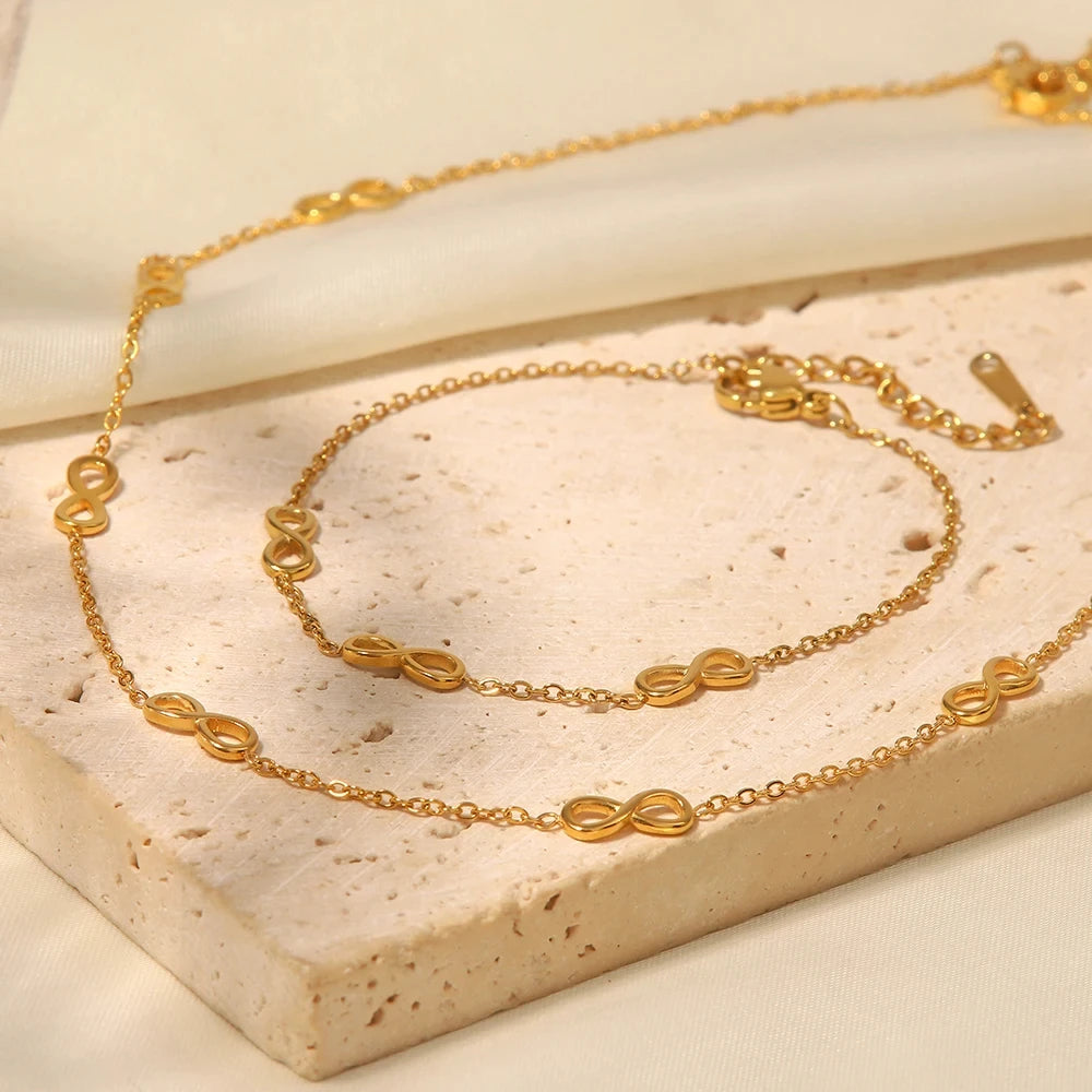 Ins Hot Selling Waterproof 18K Gold Plated Stainless Steel Infinite Symbol Choker Necklace Bracelet Jewelry Set for Women Gif