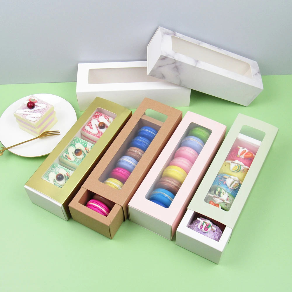 Custom Wholesale Recyclable Mini Macaron Dessert Cookie Favor Box Kraft Paper Drawer with Window for Food Packaging