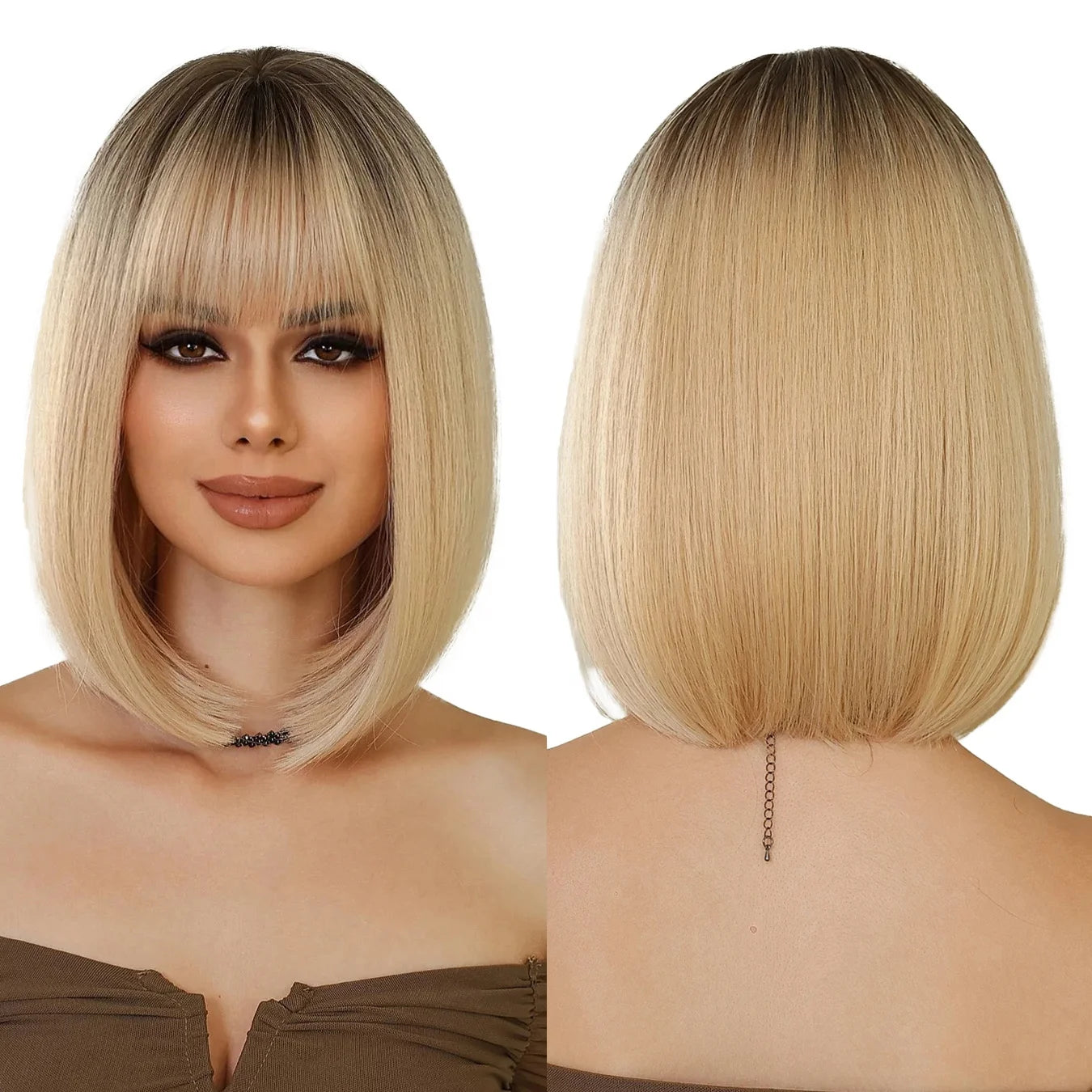 Short BOB Straight Wigs Light Yellow With Bangs Heat Resistant Synthetic Wigs for Women Natural Party Wigs