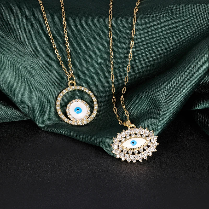 HOVANCI Stainless Steel Evil Eyes Pendant Necklaces Jewelry 18K Gold Plated Blue Zircon Eye Shaped Oval Necklaces for Men Wom