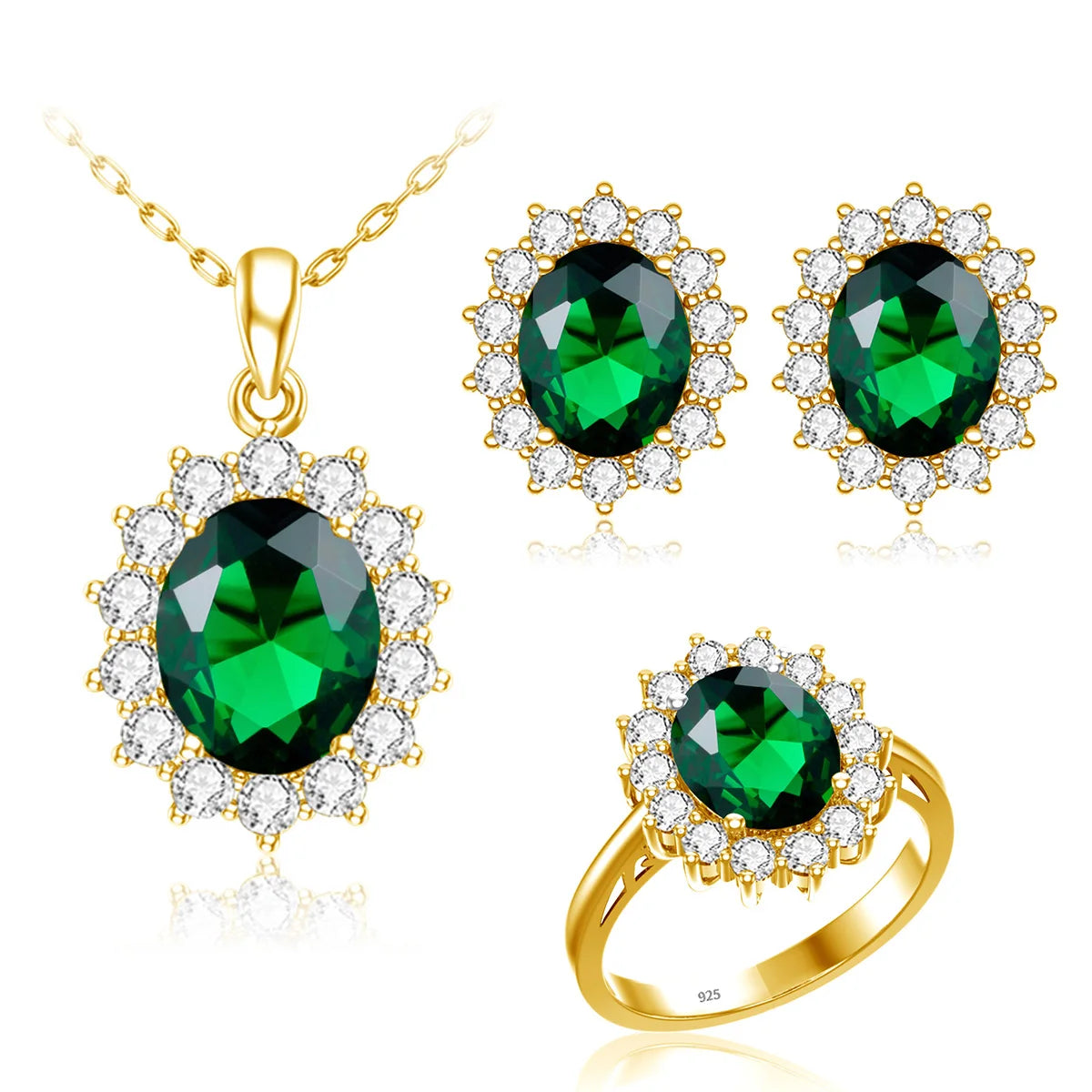 Luxury 925 Silver Exquisite Zircon Emeralds Jewelry Set  Bridal Wedding Fine Gold Plated Silver Jewelry Set