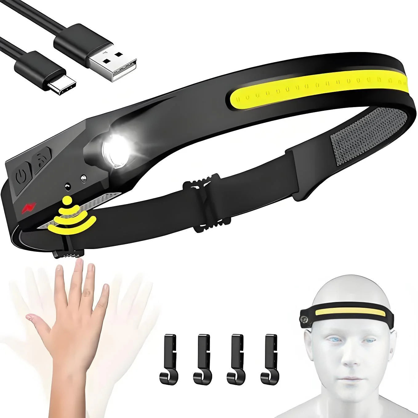 Super Bright 10000 Lumen USB Rechargeable Motion Sensor Waterproof COB LED Portable Headlamp with 200-299M Range