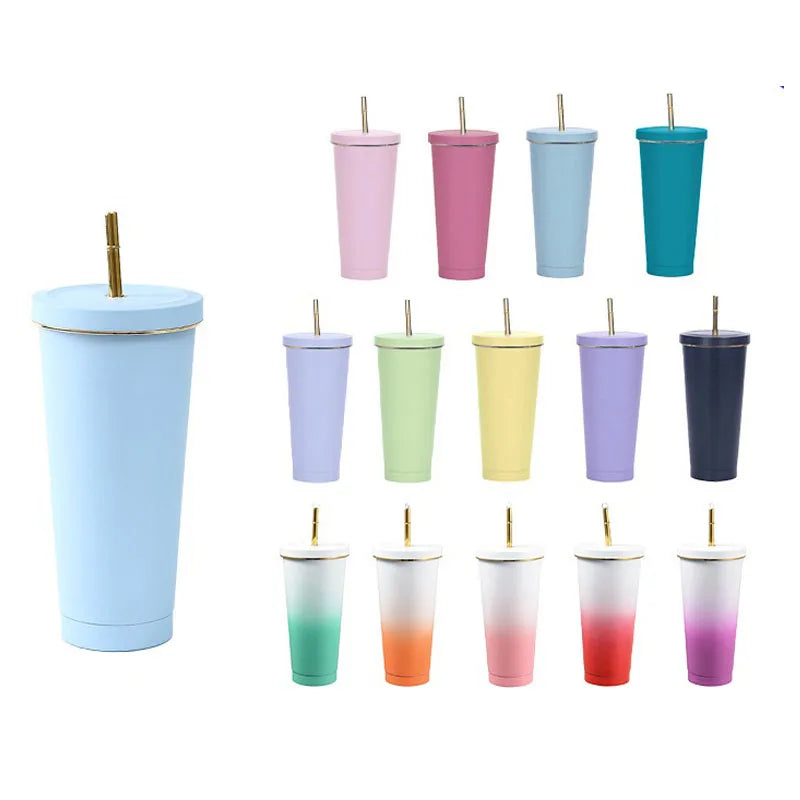 500ml Stainless Steel 304 Vacuum Insulated Thermos Travel Tumbler Straw 6-12hr Customizable Cute Portable Office Cup Party