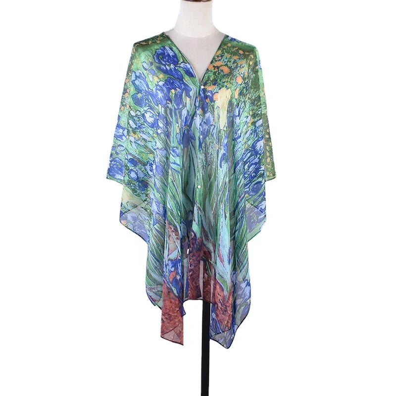 Van Gogh Irises Print Chiffon Scarf Shawl  Women's Lightweight Art Print Wrap Beach Cover up