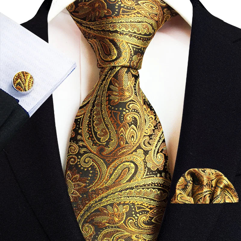 Golden Luxury Mens Tie Set Paisley Necktie Pocket Square Cufflinks Suits for Mens Shirt Business Hanky Wedding Party Gift Set