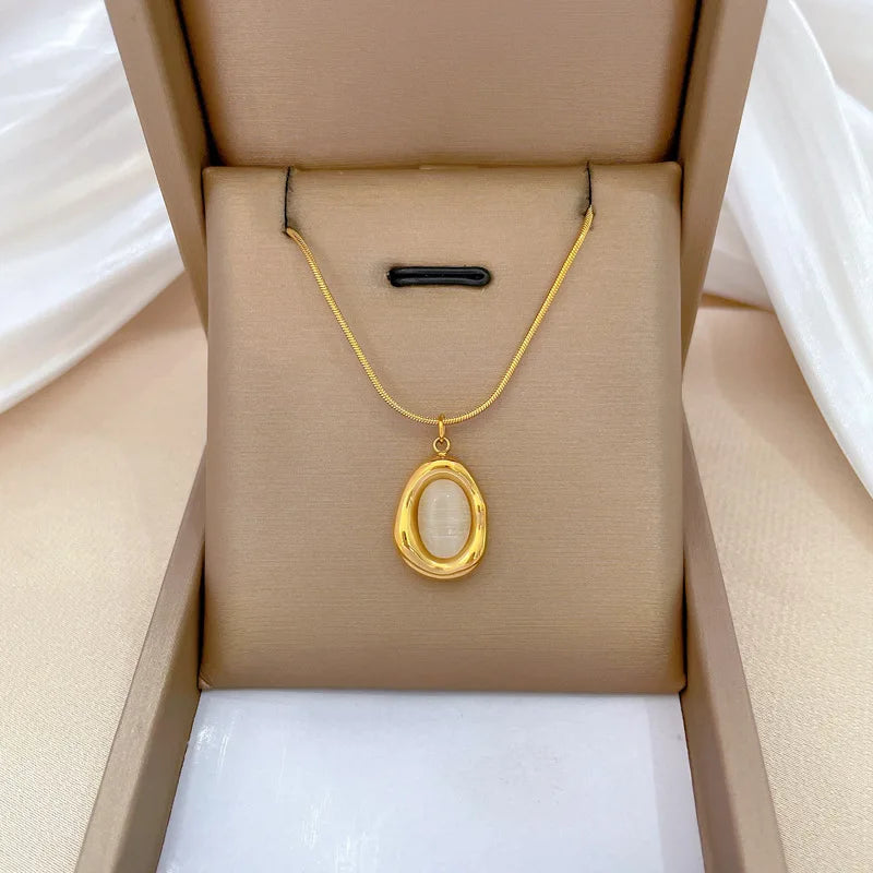 Titanium Steel Water Drop Cat's Eye Stone Necklace for Women Collar Chain Stainless Steel Jewelry Charm