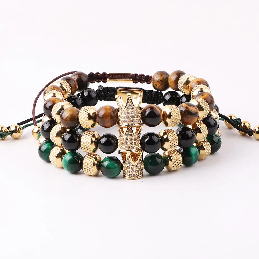 New Design Natural Stone Crown Bracelet Tiger Eye Beaded Custom Logo Macrame Adjustable Bracelet JBS12648