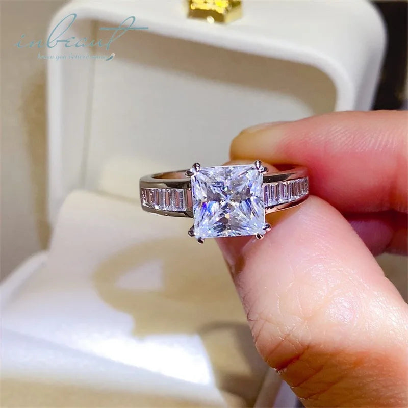 Silver 925 Original 3 Carat Brilliant Princess Cut Diamond Test Past D Color Square Moissanite Wedding Ring Gemstone Jewelry