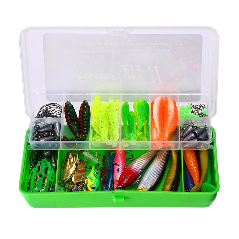 WEIHE 104pcs Combo Fishing Bait and Accessories Tackle Box Soft Fishing Set Fishing Lure Kit
