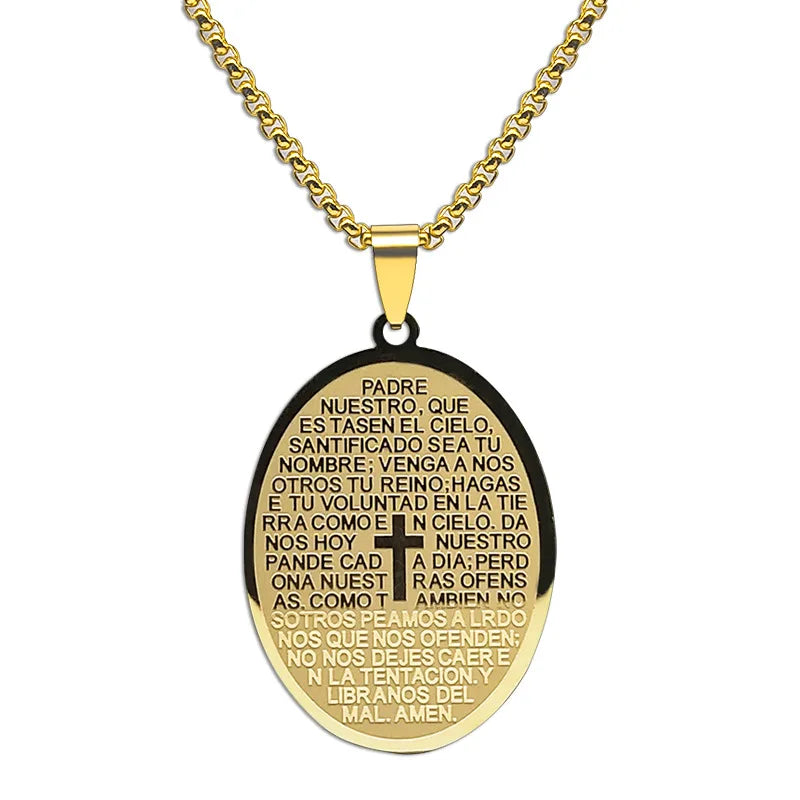 Stainless Steel Religious Cross Pendant Necklace for Men Gold/Silver Fashion Geometric Oval Spanish Bible Verses Box Trendy