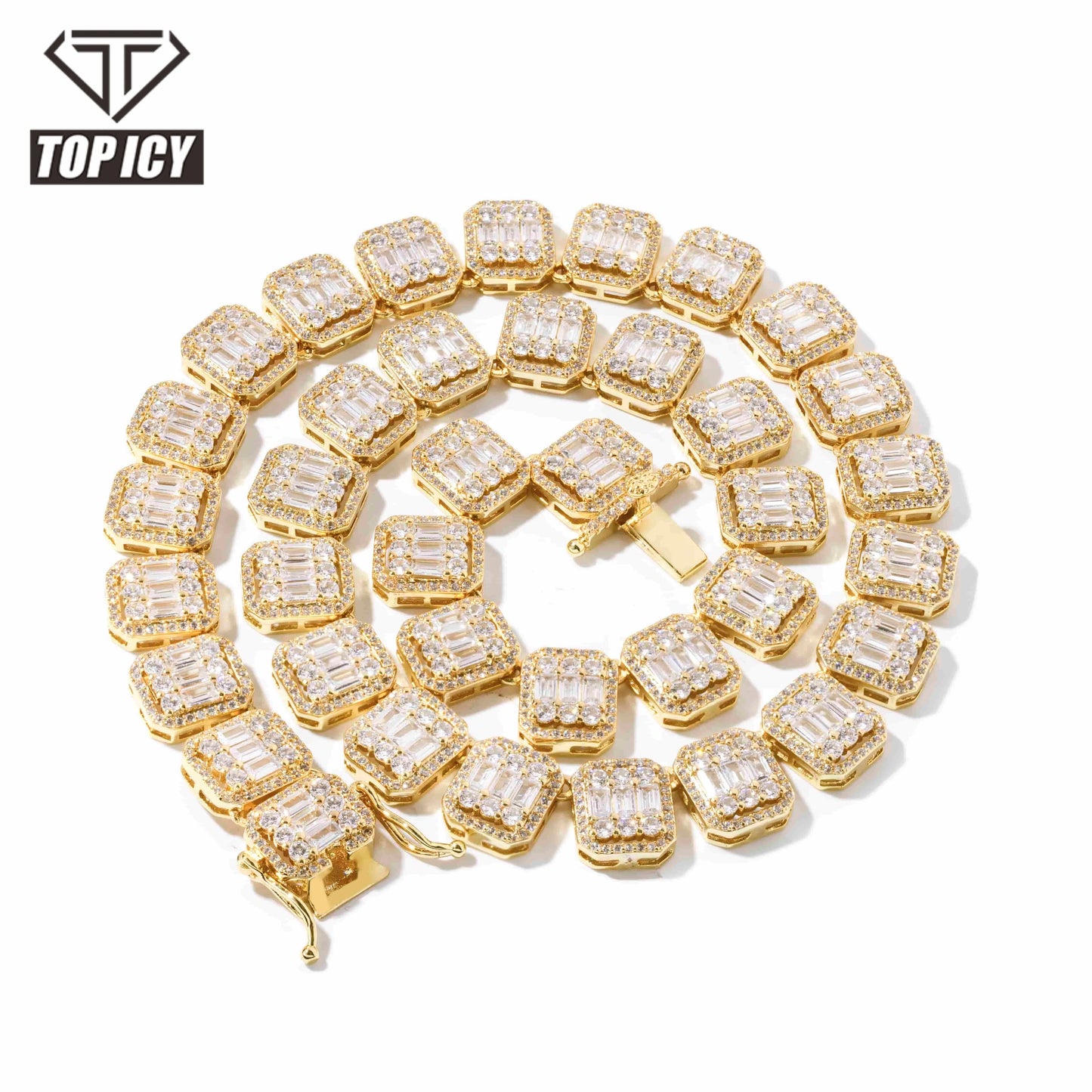 Trendy 13mm Hip Hop Baguette Chain Necklace Gold and Silver Plated Hot Selling Necklaces for Men and Women for Gifts