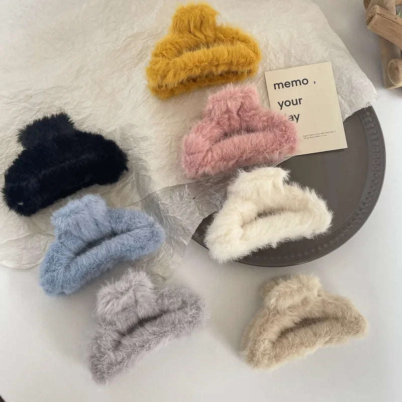MIO Custom Logo Winter Large Fluffy Hair Claw Clips Candy Color Shark Clips Plush Geometry Hair Clips for Women Hair Accessor