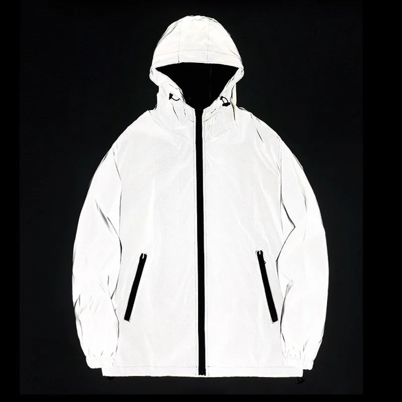 Euro Size Custom logo Flash Reflective Jackets  Night Glowing Men Women Windbreaker Hooded Waterproof  Hip-hop Night Coats