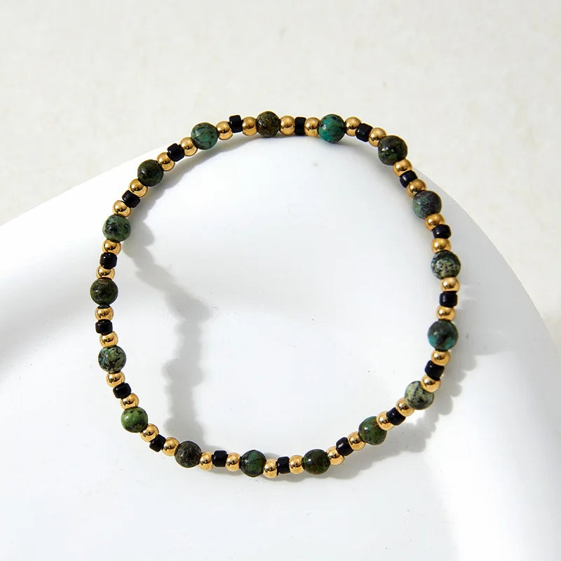 Waterproof Stainless Steel BeadsVintage Designer Ethnic Natural Black Stone Beaded Stretchy Bracelet for Women Ladies Jewelry