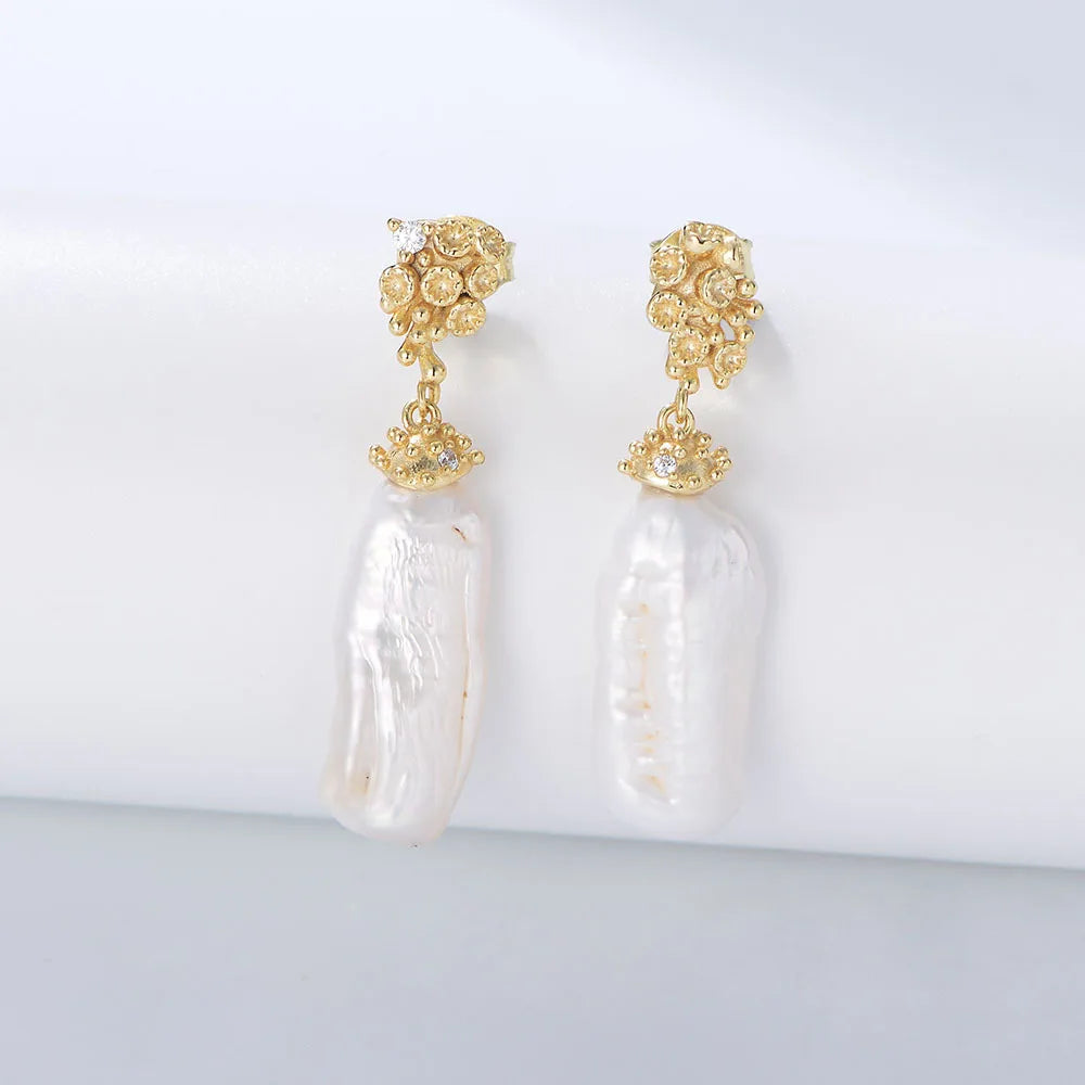 Natural Irregular Baroque Pearl Gold Plated Fashion Jewelry 925 Sterling Silver Drop Earrings