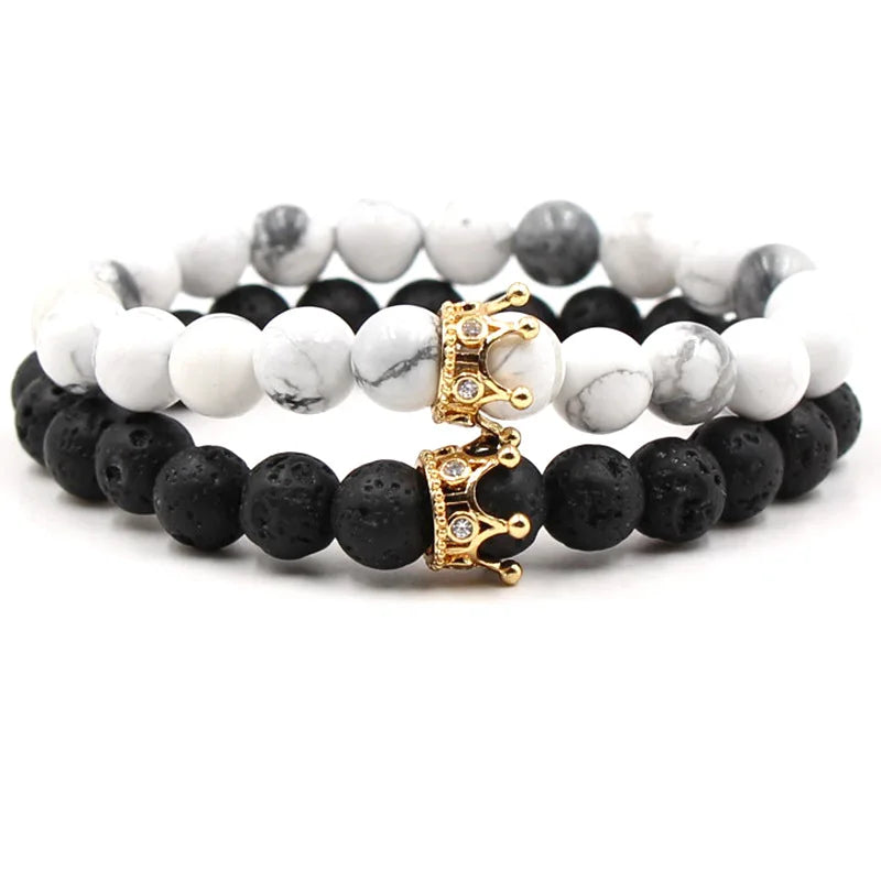 Unisex Micro Inlaid Zircon Crown Bracelet White Turquoise Volcanic Agate Elastic Buddha Beads Fashionable Jewelry Bangle Gift