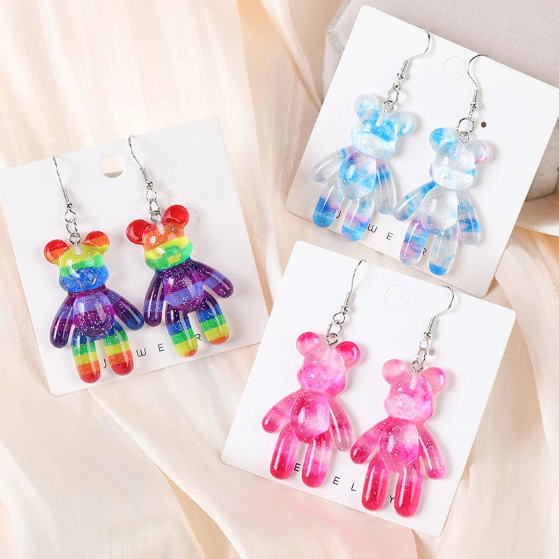 1Pair Fashion HandCraft Bear Drop Earrings Flatback Resin Animal Jewelry for Girl and Woman