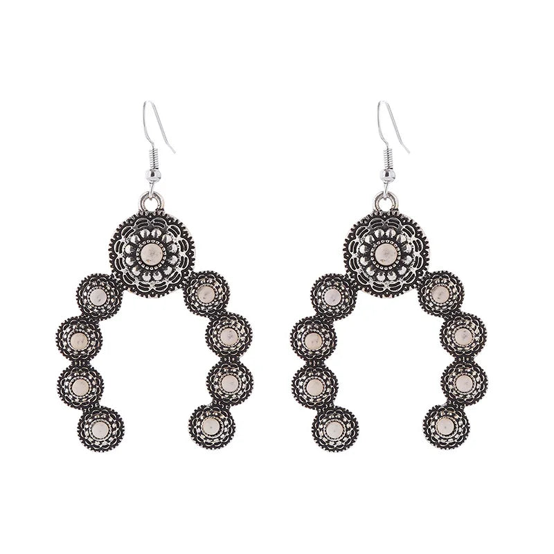Western Boho Style U Shape Party Jewelry Flower Engrave Turquoise Earrings for Gift